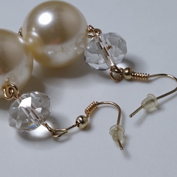 Vintage Clear Glass Bead And Faux Pearl Dangle Earrings - Picture 11 of 13